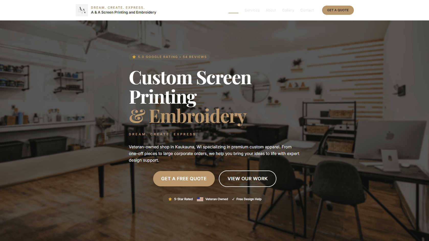 A&A screen printing and embroidery website design preview
